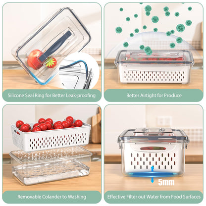 5 Pcs Fruit Storage Containers For Fridge with Removable Colander and Handle Lid, Refrigerator Organizers and Storage, Airtight Container to Keep Berry Fruit and Vegetable Fresh Longer Dishwasher Safe