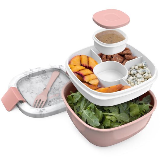 Bentgo Salad - Stackable Lunch Container with Large 54-oz Salad Bowl, 4-Compartment Bento-Style Tray for Toppings, 3-oz Sauce Container for Dressings, Built-in Reusable Fork & BPA-Free (Blush Marble)
