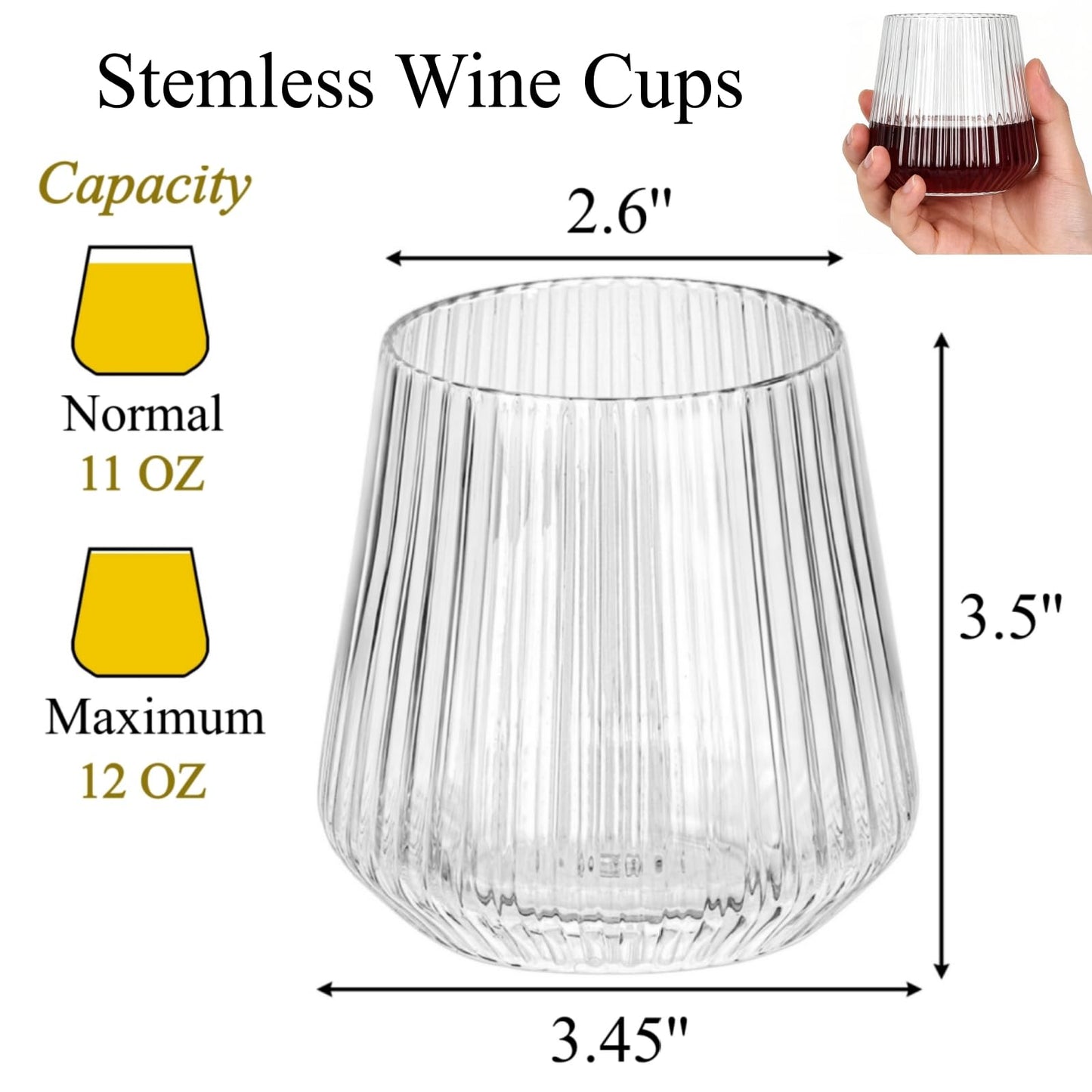 Tebery 20 Pack Plastic Ribbed Wine Glasses, 12 Oz Unbreakable Stemless Cocktail Cups for Party, Reusable Origami Style Ridged Drinking Tumbler for Champagne Catering Wedding Picnic Bar