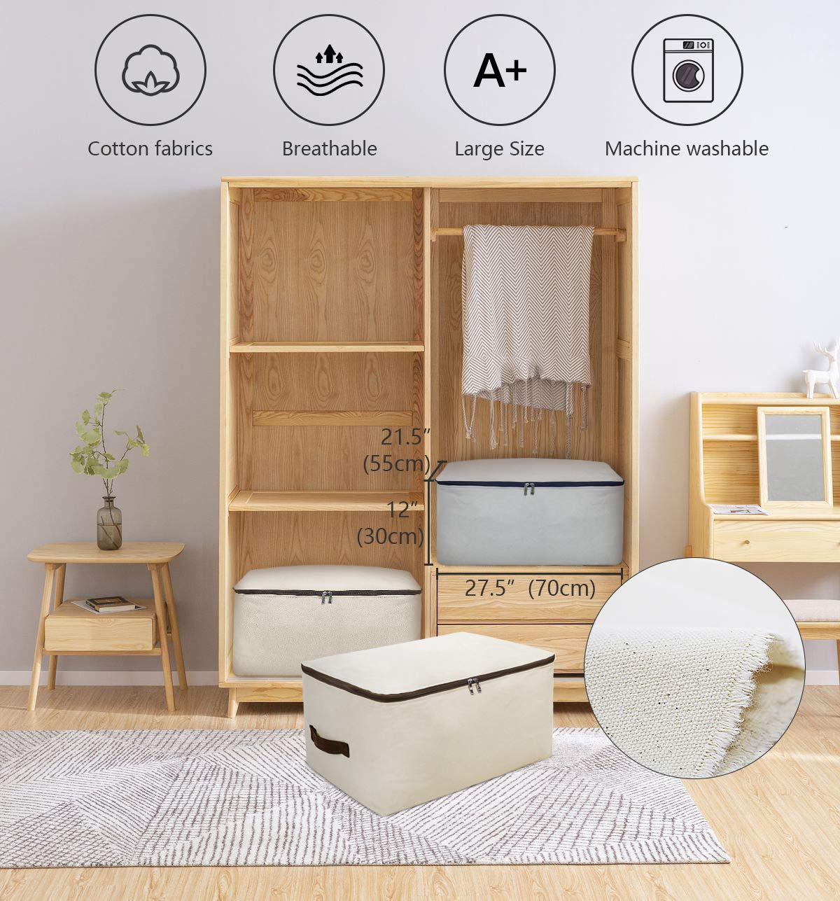Pack of 2, 70 * 50 * 28cm, Big Size Soft Cotton Canvas Clothes Storage Bags for Garment, Sweaters, Duvets, King/Queen Size Bedding Organizer Containers, Breathable, Washable