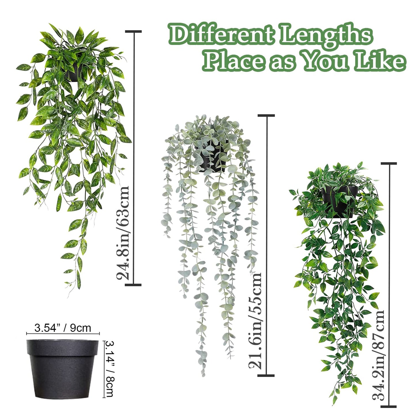 Artificial Hanging Plants 3Pcs Potted Greenery Decor - Grey Eucalyptus Mandala Snow Pea Vine in Pot Plants for Office Farmhouse Home Indoor Outdoor Decor(2 Greens+1 Greying White)