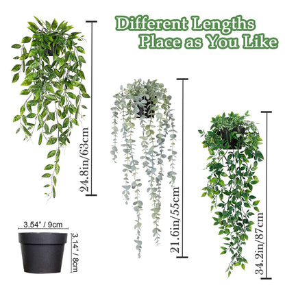 Artificial Hanging Plants 3Pcs Potted Greenery Decor - Grey Eucalyptus Mandala Snow Pea Vine in Pot Plants for Office Farmhouse Home Indoor Outdoor Decor(2 Greens+1 Greying White)