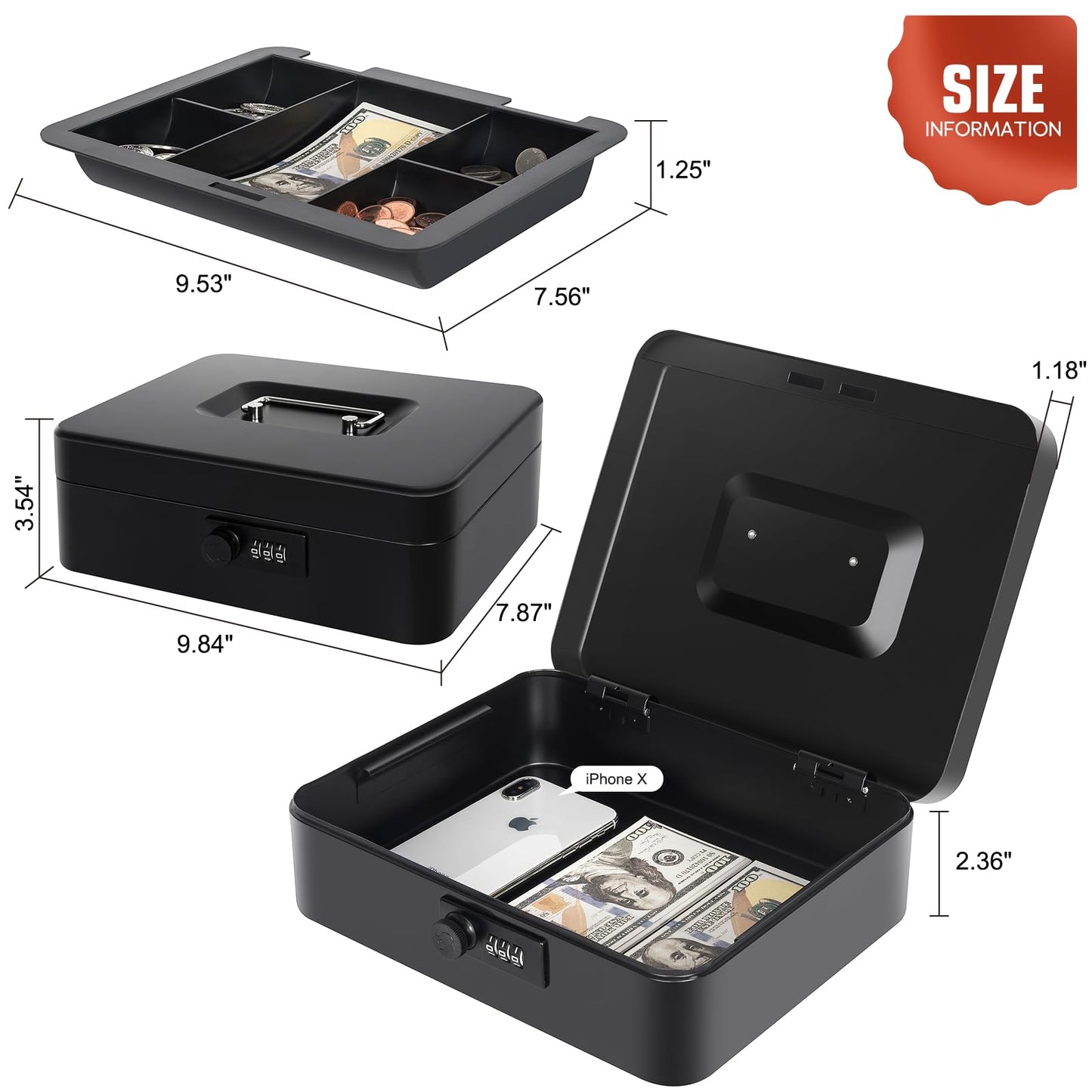 Cash Box with Money Tray and Combination Lock, Metal Money Box for Cash Petty Cash Lock Box for Money Safe 9.84" x 7.87" x 3.54" Black