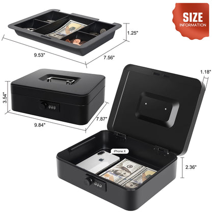 Cash Box with Money Tray and Combination Lock, Metal Money Box for Cash Petty Cash Lock Box for Money Safe 9.84" x 7.87" x 3.54" Black