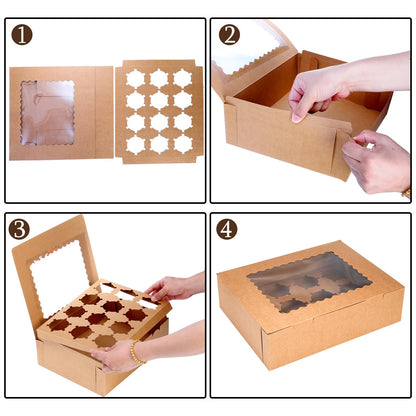 Jucoan 20 Pack Cupcake Boxes, 12 Counts Dozen Cupcake Containers with Window and Insert, Brown Bakery Pastry Treat Boxes for Muffins, Cookies, Donuts, Take Out Containers for Party