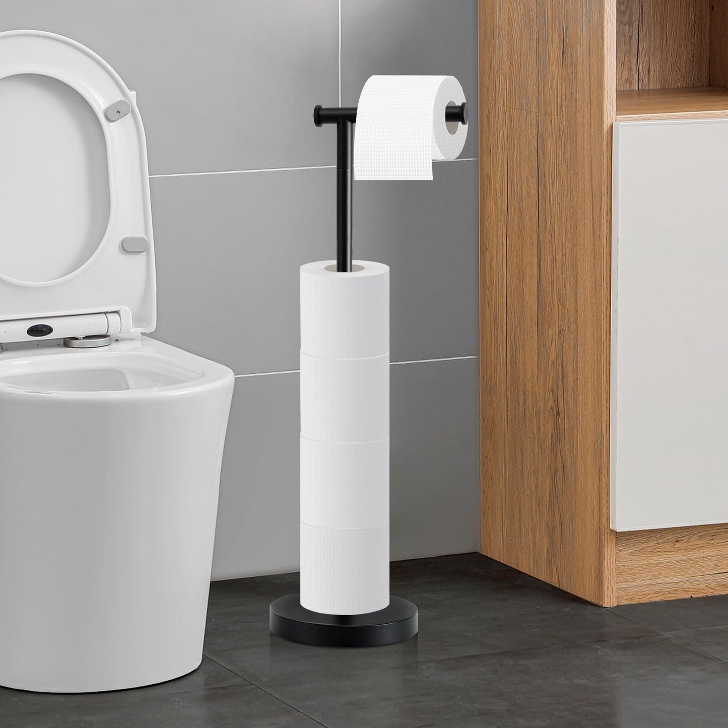 Toilet Paper Holder Stand, Toilet Paper Holder Free Standing with Stable Weighted Base, Water Proof & Rustproof Toilet Paper Stand Black, Large Capacity Free Standing Toilet Paper Roll Holder