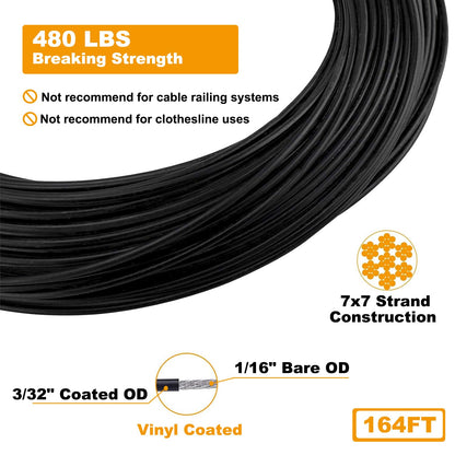 DasMarine 164FT Vinyl Coated Stainless Steel Cable - 304 Stainless Steel, 7x7 Strand Core, 1/16" Bare OD, 3/32" Coated OD Wire Rope - Outdoor Light Guide Wire with Black Vinyl Coating