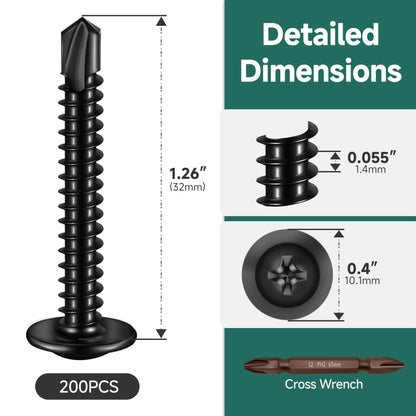 EASTPUK #8 x 1-1/4" Black Self Tapping Screws for Metal, Truss Head Phillips Drive 410 Stainless Steel Self Drilling Sheet Metal Screws with Drill Bit, Fast Tapping (Box of 200)