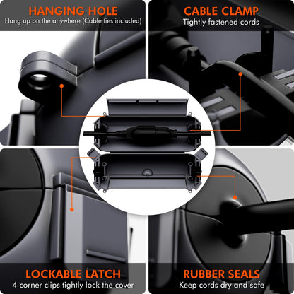 Restmo 4 Pack Mini IP44 Waterproof Outdoor Connection Box with Lockable Latches and Mounting Holes, Weatherproof Extension Cord Safety Cover for Outdoor Plugs, Lights, Cables, Wires, Size Small, Gray