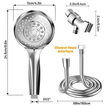 VEHHE 6 Spray Modes Handheld Shower Head Saving Water, Bright Shower Head with Anti-Clog Nozzles and Anti-Leak, Shower Head with Hose 1.5M and Adjustable Universal Bracket∣Silver