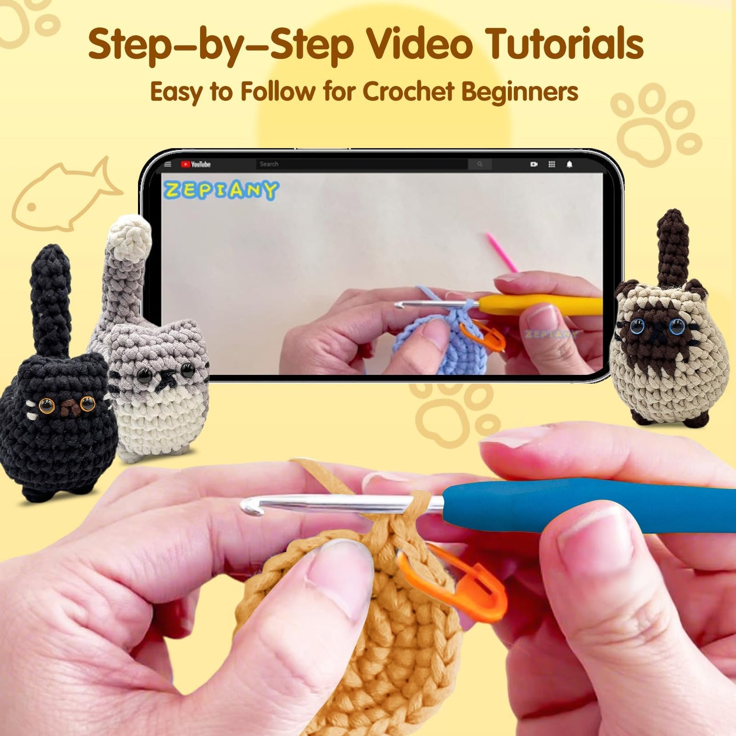 Zepiany Crochet Kit for Beginners, Crochet Cat Crafts for adults, Amigurumi Crochet Animals Craft Kit Crochet Set, Easy Christmas Gifts with Step-by-Step Video Tutorials, Hobbies for Adults Women