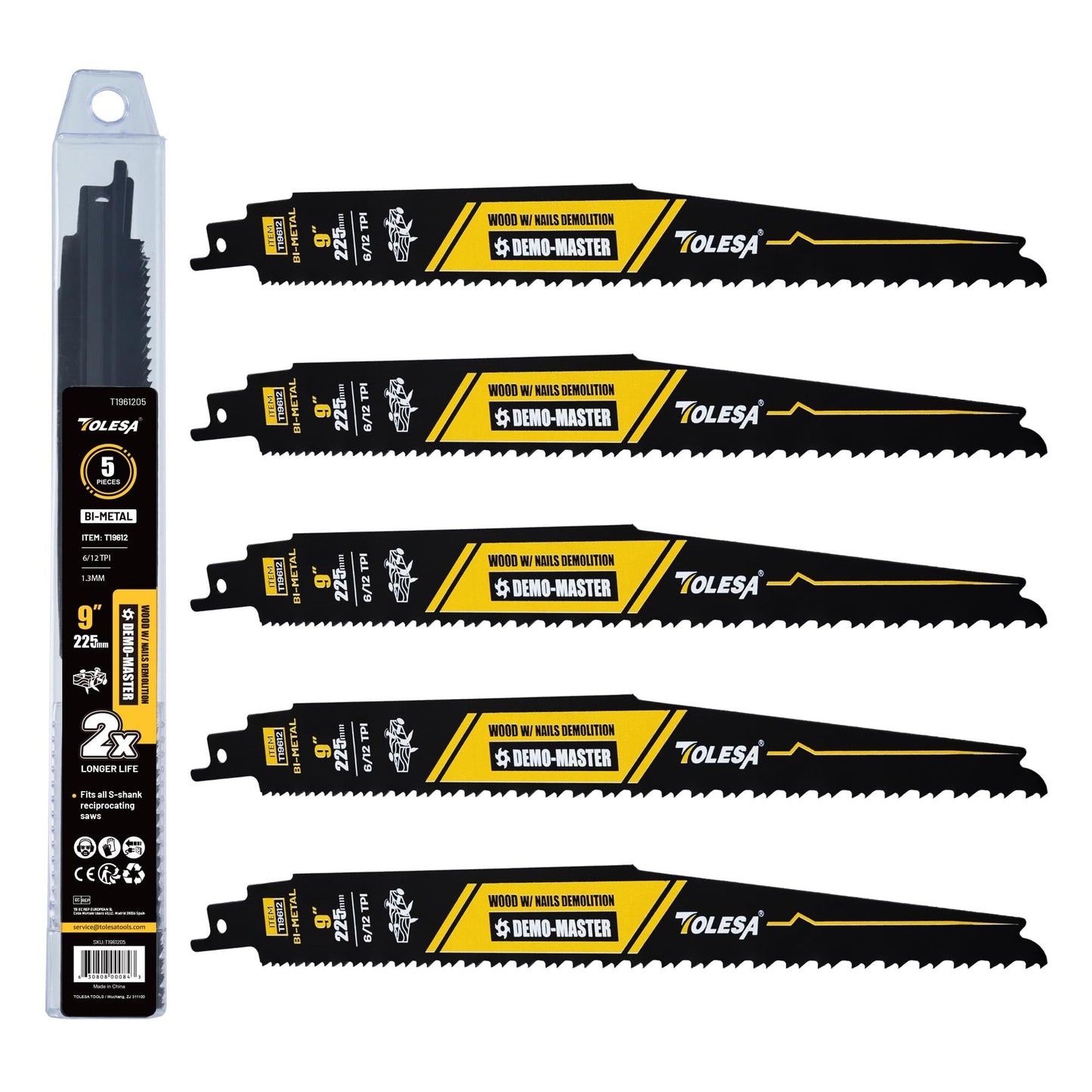 TOLESA 9 Inch 6/12 TPI Reciprocating Saw Blades for Wood and Nail-Embedded Wood Cutting, 5 Pack Bi-Metal Bi-Directional Aggressive Tooth for Fast & Smooth Cutting