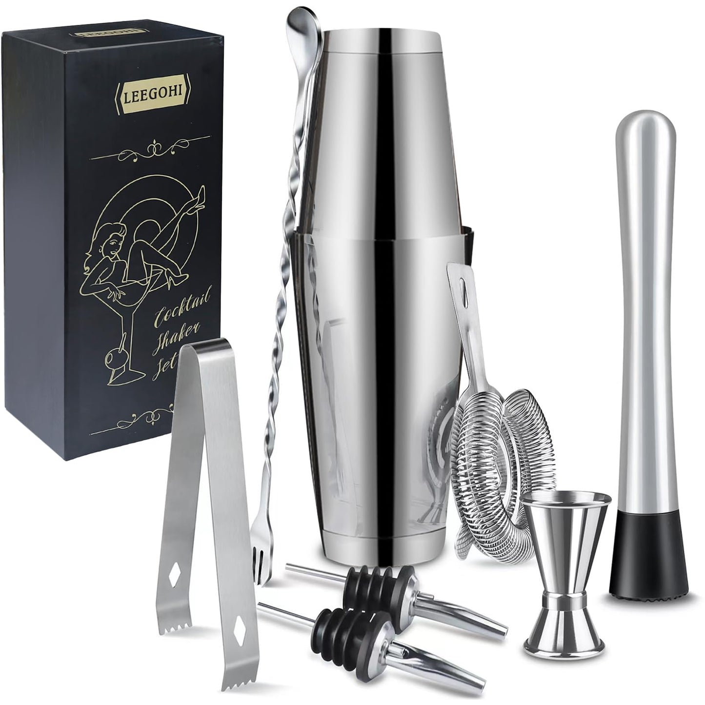 Boston Cocktail Shaker Set|8pcs Cocktail Making Set Stainless Steel Shakers|Bartender Kit Bar Tool Set with Strainer, Pourers, Muddler, Double Jigge (Boston Cocktail Shaker)