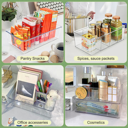 ZIZOTI Clear Pantry Organizer Storage Bins 4 Pack Plastic Removable Snack Organizer Pantry Organization Storage Racks with Removable Dividers, Perfect for Snacks, Packets, Spices, Kitchen, Cabinets