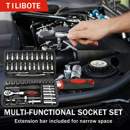 TILIBOTE Socket Wrench Set, 53PCS 1/4 Inch Ratcheting Wrench Set and Extension Bar Gimbal Slide Bar Extension Sockets, Set for Automotive Repair and Home Use.