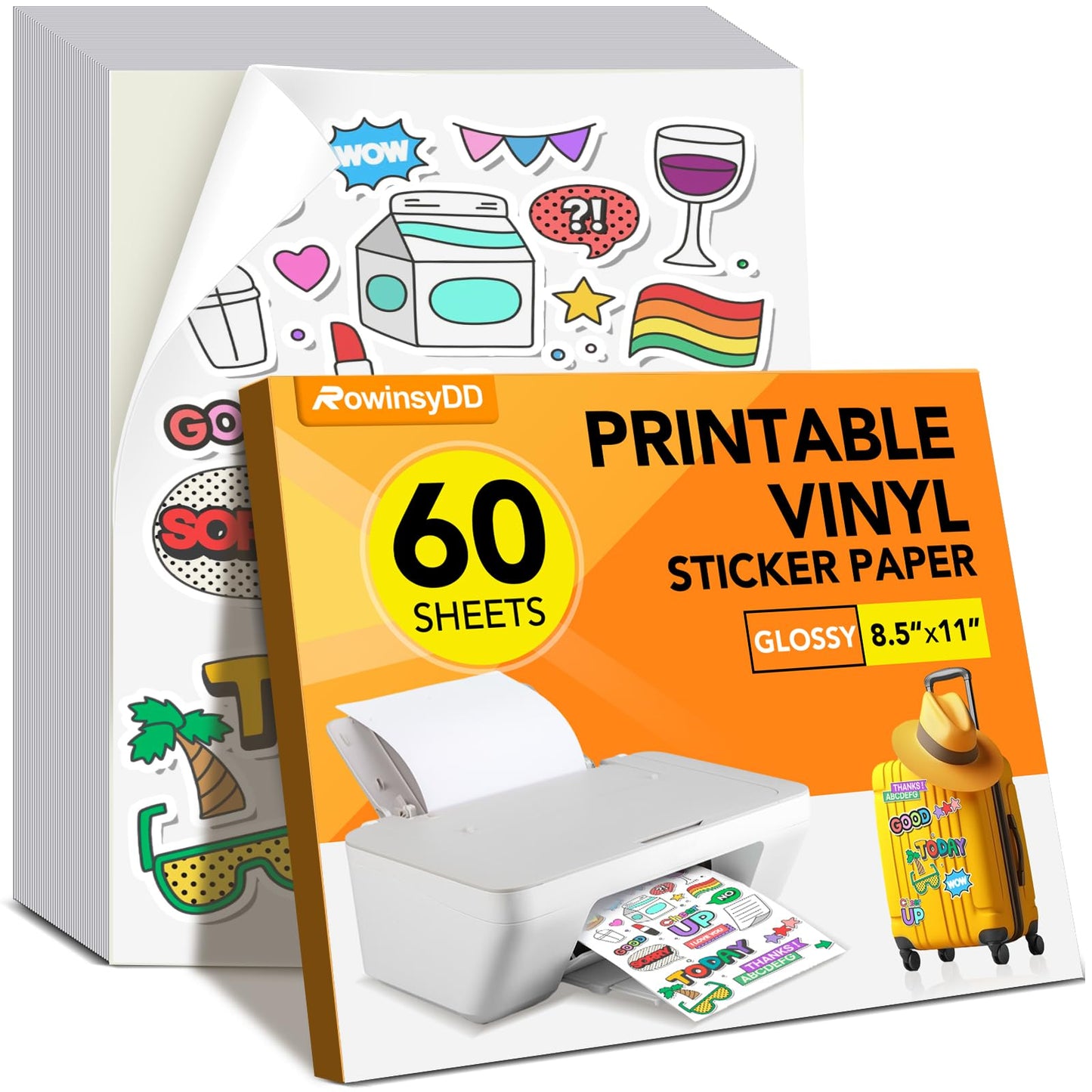 60 PCS Glossy Sticker Paper for Inkjet Printer，Printable Vinyl Sticker Paper Dries Quickly Vivid Colors，8.5"x11" Tear Resistant Printable Vinyl，White,Inkjet & Laser Printer