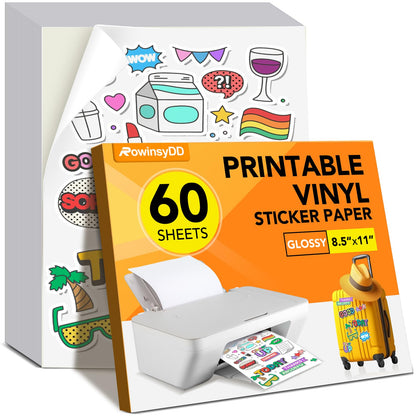 60 PCS Glossy Sticker Paper for Inkjet Printer，Printable Vinyl Sticker Paper Dries Quickly Vivid Colors，8.5"x11" Tear Resistant Printable Vinyl，White,Inkjet & Laser Printer