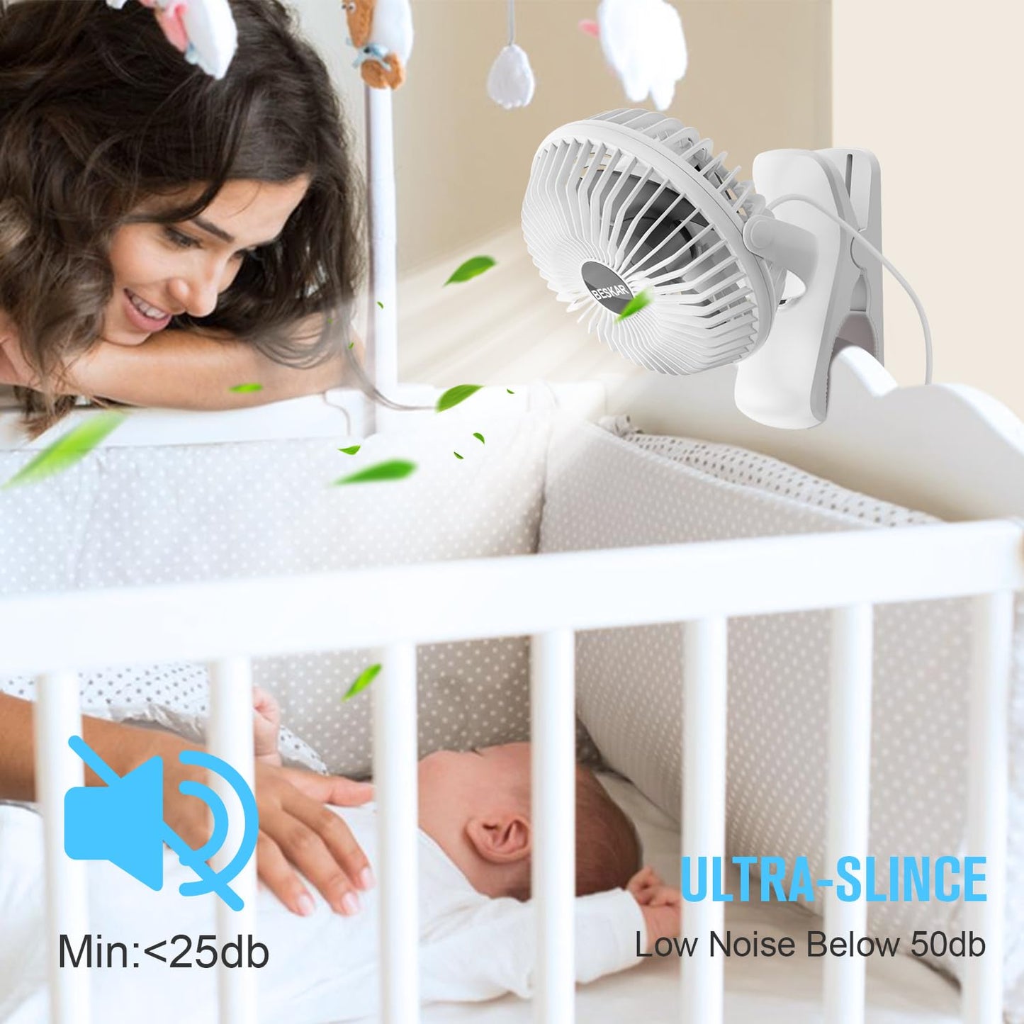 BESKAR USB Powered Clip on Fan, Portable Small Fan with Cord, 3 Speeds Strong Airflow, Personal Fan with Sturdy Clamp, Quiet Desk Fan & Clip Fan