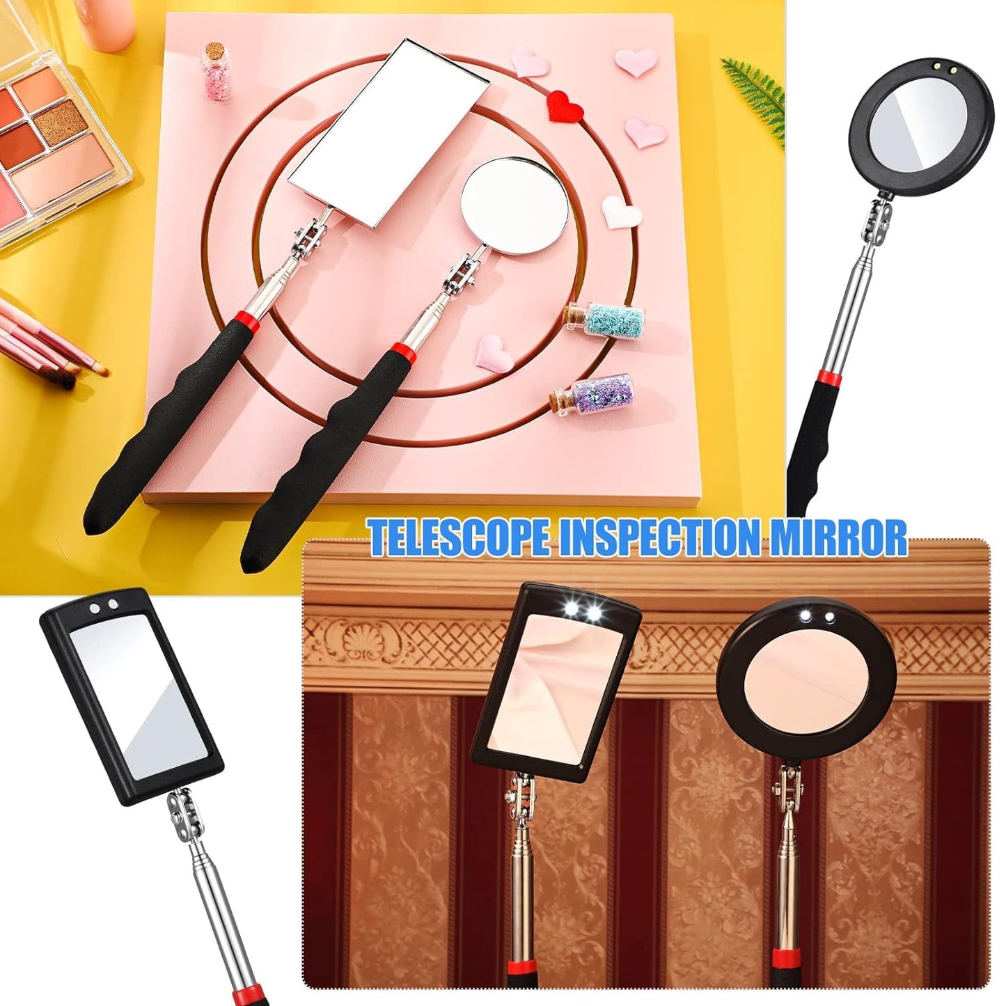 4 Pieces Telescoping Inspection Mirror, LED Lighted Flexible Inspection Mirrors, Extendable Mirror Inspection Tool for Checking and Observing Vehicle Small Parts, Classic Style