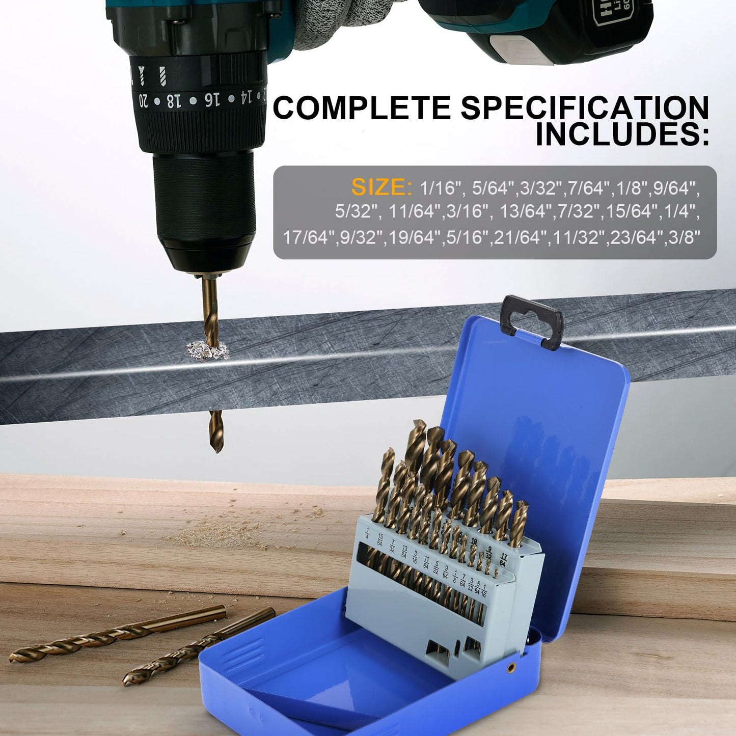 Sinyeenglon Cobalt Drill Bit Set for Hardened Metal and Stainless Steel, 21Pcs M35 High Speed Steel Twist Jobber Drill Bits 1/16"-3/8", with Metal Index Storage Box