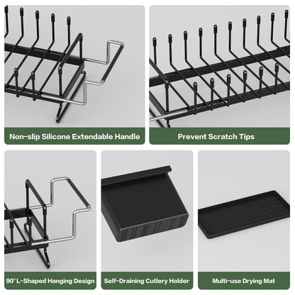 Dish Drying Rack - Aufworld Expandable Small Sink Dish Rack with Silicone Drying Tray, Over Sink Dish Drainer for Kitchen Counter with Utensil Holder, Drain Rack Fit for 14’’-19’’ Kitchen Sink