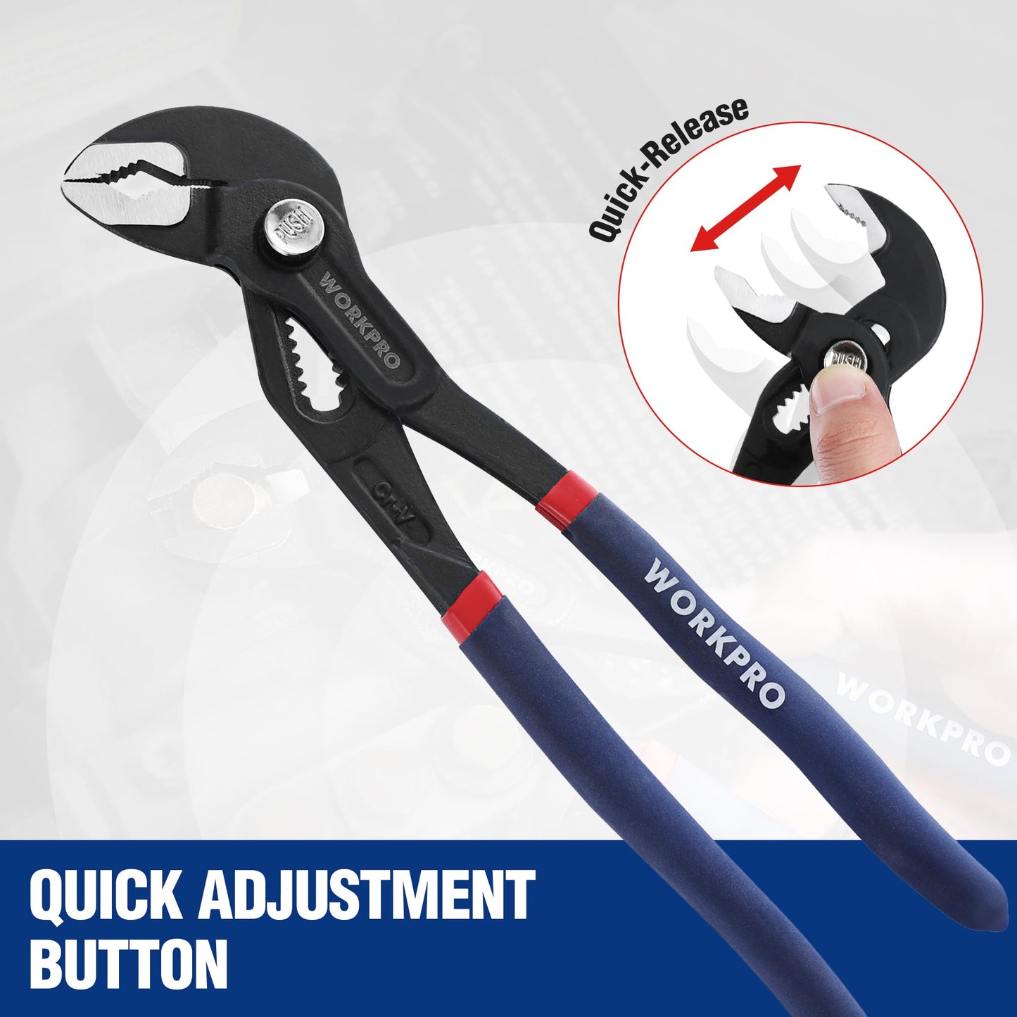 WORKPRO 2 Piece Groove Joint Pliers Set, 7 & 10-Inch Fast Adjustable Water Pump Pliers, V-Jaw Tongue and Groove Pliers in CRV Steel