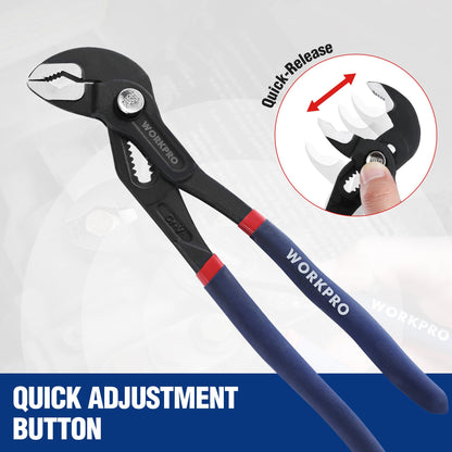 WORKPRO 2 Piece Groove Joint Pliers Set, 7 & 10-Inch Fast Adjustable Water Pump Pliers, V-Jaw Tongue and Groove Pliers in CRV Steel