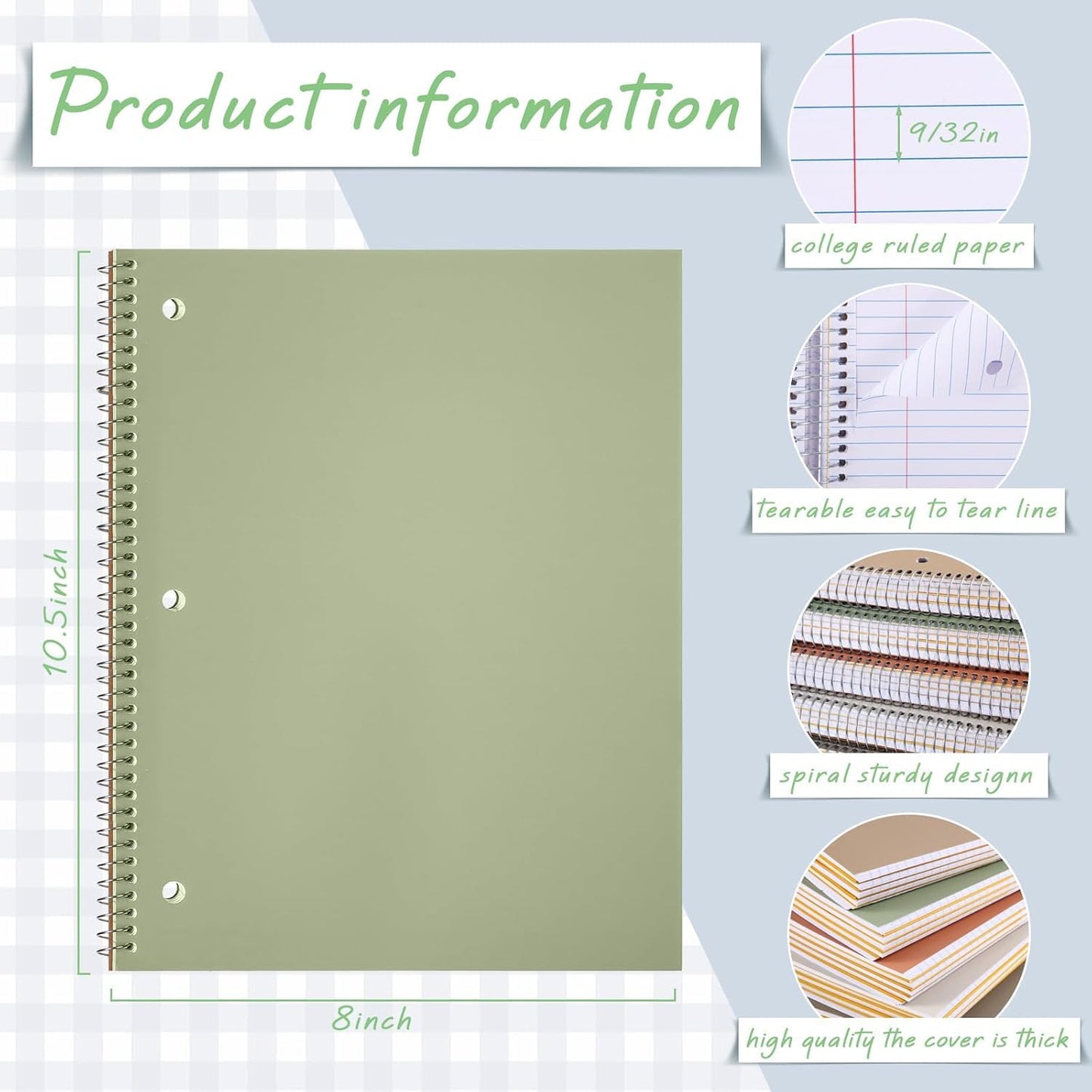 Aesthetic Spiral Notebook 6 Pack - 1-Subject College Ruled Paper, 8" x 10-1/2", 70 Sheets per Notebook, Hardcover 3 Hole Morandi Colors Easy Tear Line Spiral Notebooks for School Office