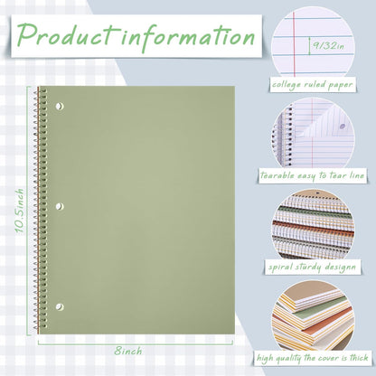 Aesthetic Spiral Notebook 6 Pack - 1-Subject College Ruled Paper, 8" x 10-1/2", 70 Sheets per Notebook, Hardcover 3 Hole Morandi Colors Easy Tear Line Spiral Notebooks for School Office