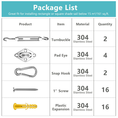 Sun Sail Hardware Kit, 5 Inch 304 Marine Grade Stainless Steel Sun Shade Sail Hardware Kit for Triangle/Rectangle/Square Sun Shade Sails Installation (40 PCS）