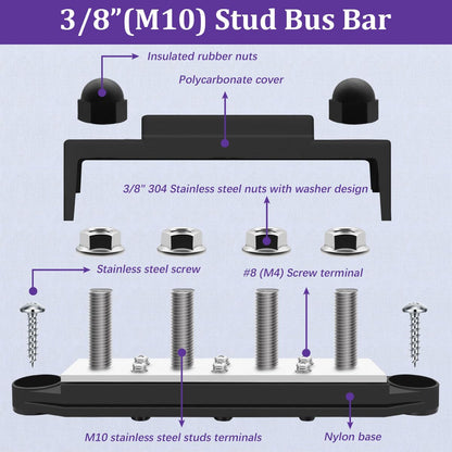 250A 12V Bus Bar Marine 12V,Power Distribution Block with Cover with 4 x 3/8”Post 6 x #8 Screws Terminals,Battery Bus Bar with 4PCS Battery Lugs and 4PCS Heat Shrink Tubing for Car Boat Solar Wiring