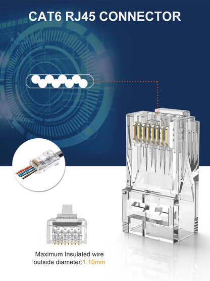 CableCreation RJ45 Pass Through Connectors, 100-Pack Cat6/Cat5e Gold Plated Modular Plug Unshielded Crimp Connector for Solid or Stranded UTP Ethernet Cable