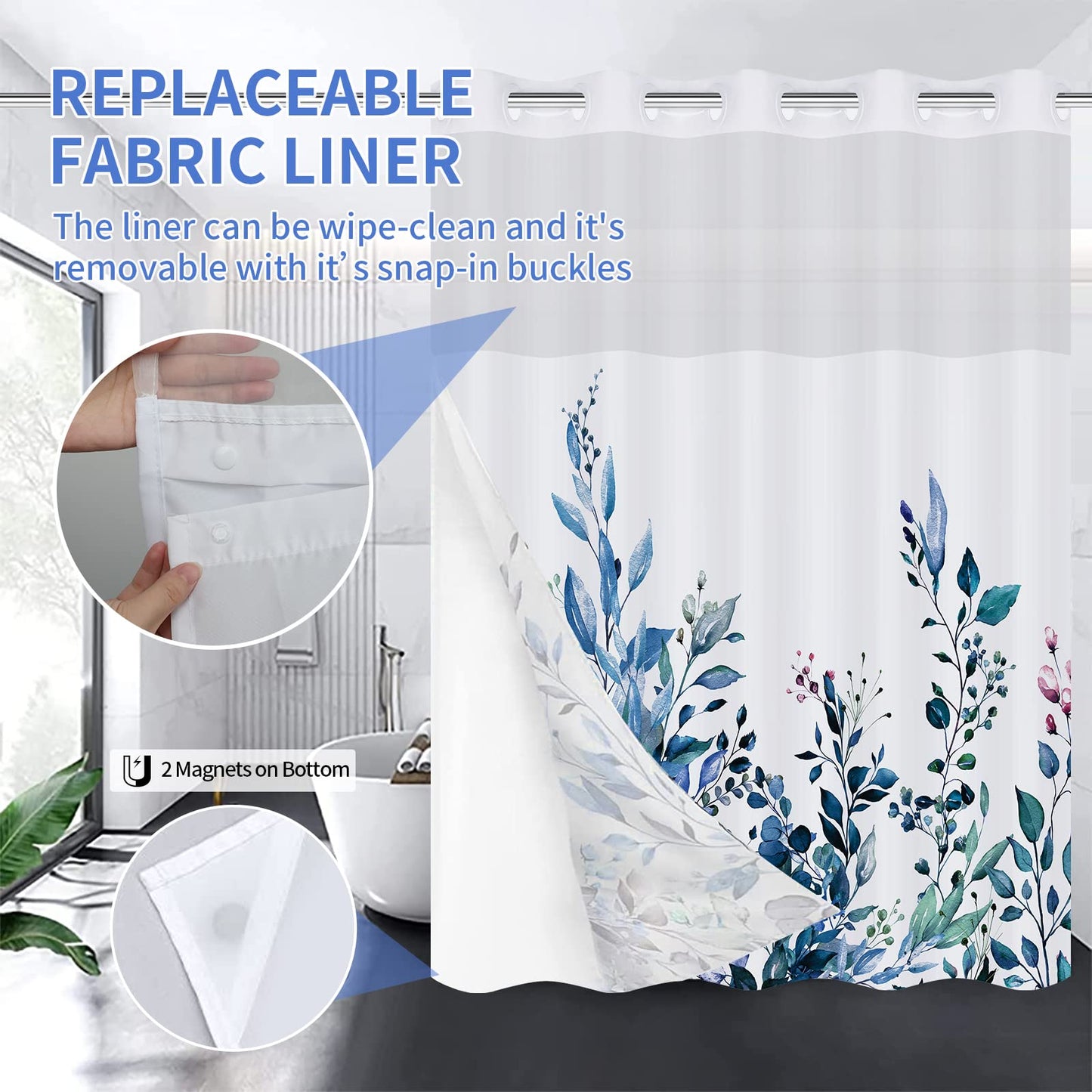 REZAYMRS Floral 3 in 1 Shower Curtain No Hooks Design, 71x74 inch Waterproof & Washable, Polyester Shower Curtains with Snap in Fabric Liner, Sheer Top Window, Double Layer Bathtubs Hotel Curtain Set