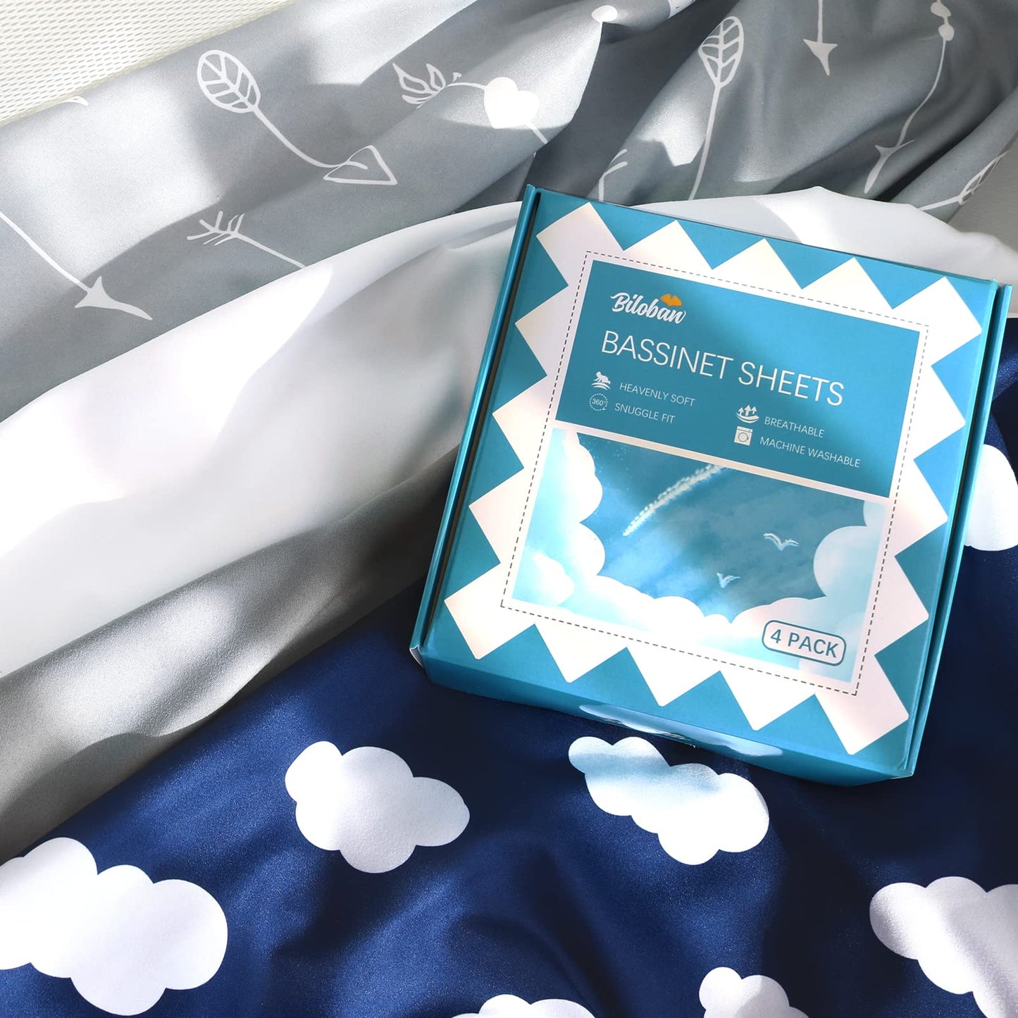 Bassinet Fitted Sheet(33" x 20"), 4 Pack for Most Bedside Sleeper Bassinet, Bassinet Sheets, Breathable & Soft Microfiber, Grey/Navy