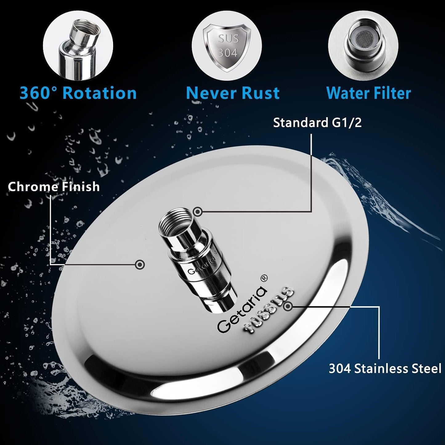 Rainfall Shower Head,8" Round Stainless Steel Rain Shower Heads with Anti-Limescale Nozzles Waterfall ShowerHead, Ultra-Thin Desigh Shower Rain Head with Adjustable Angles