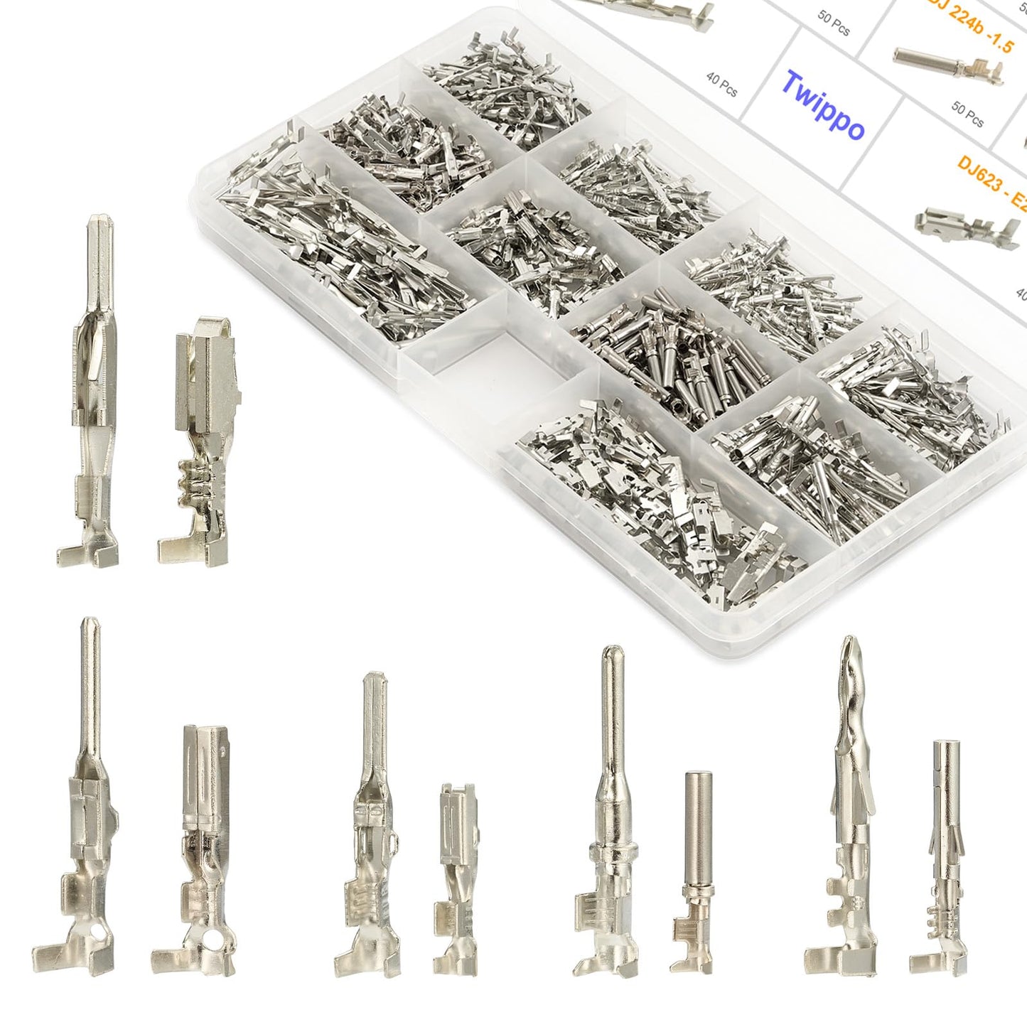 Twippo Automotive Electrical Pin Connectors Kit 1.5/1.8/2.5/2.8mm Non-Insulated Wire Connector Pins Wiring Harness Kit Crimp Terminal Pins for 22-12 Gauge Plug (440Pcs)