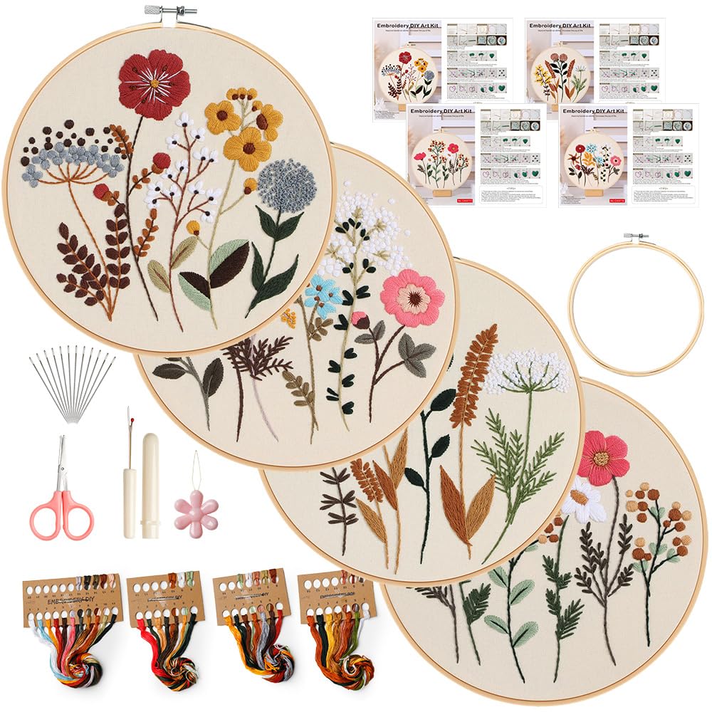 wtisan Embroidery Kit, 4 Sets Embroidery Kit for Beginners with Stamped Flower Pattern, Cross Stitch Starter Kits for Adults Hand Craft Lover with Embroidery Hoop, Instructions and Threads