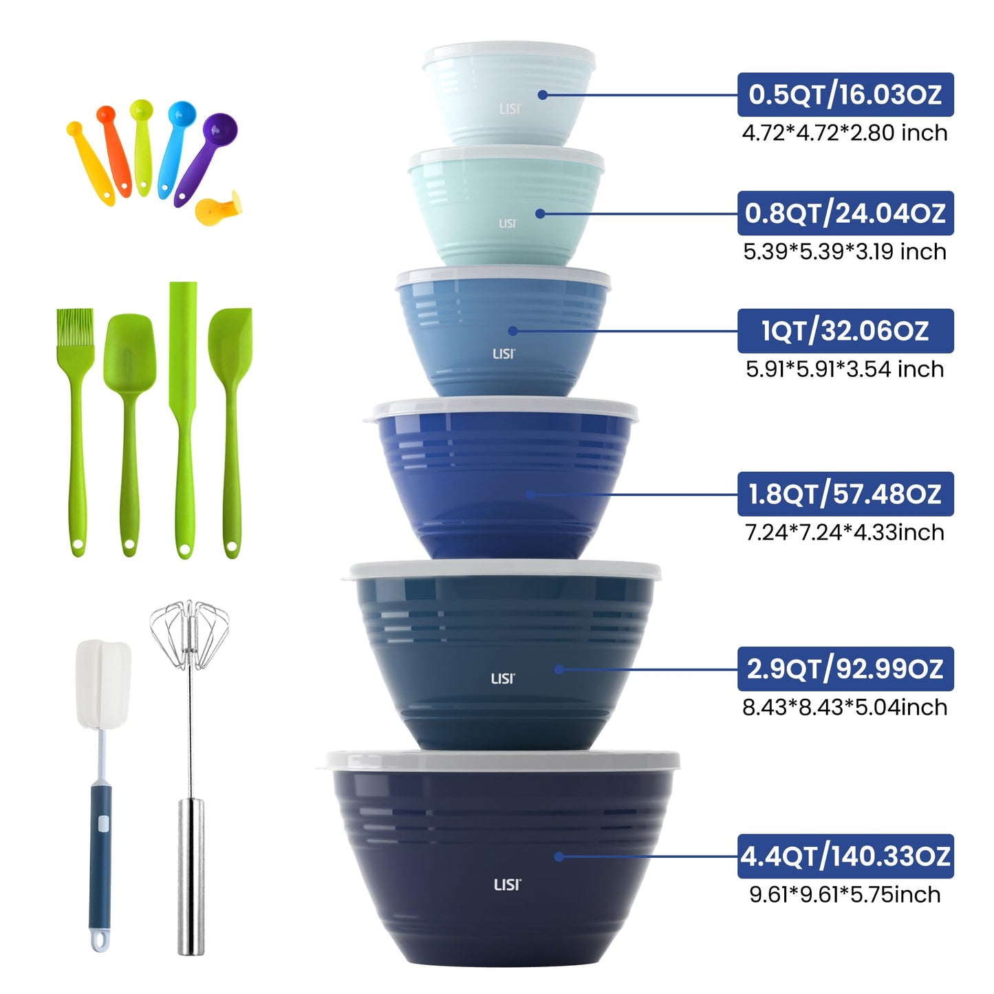 LISI 6 Pack Mixing Bowl Set with Lids, Plastic Bowls for Kitchen, Nesting Salad & Meal Prep Bowls, BPA-Free, Large Storage Bowl with Airtight Lids