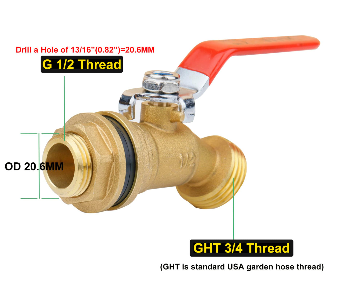 WHK Rain Barrel Spigot Kit - 1/4 Turn Brass Spigot with Long Handle for 5/55 Gallon Bucket or Rain Barrel Water Container