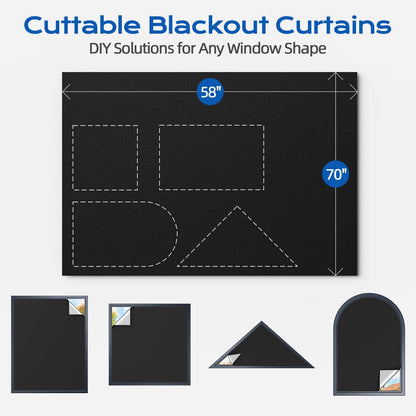 Blackout Curtains for Bedroom, 70" x 58" Portable Blackout Blinds with 20 Sets Hook & Loop Strips for 100% Black-out Window Film, Temporary Black Out Shades for Windows Cover Nursery Travel RV- Blacks