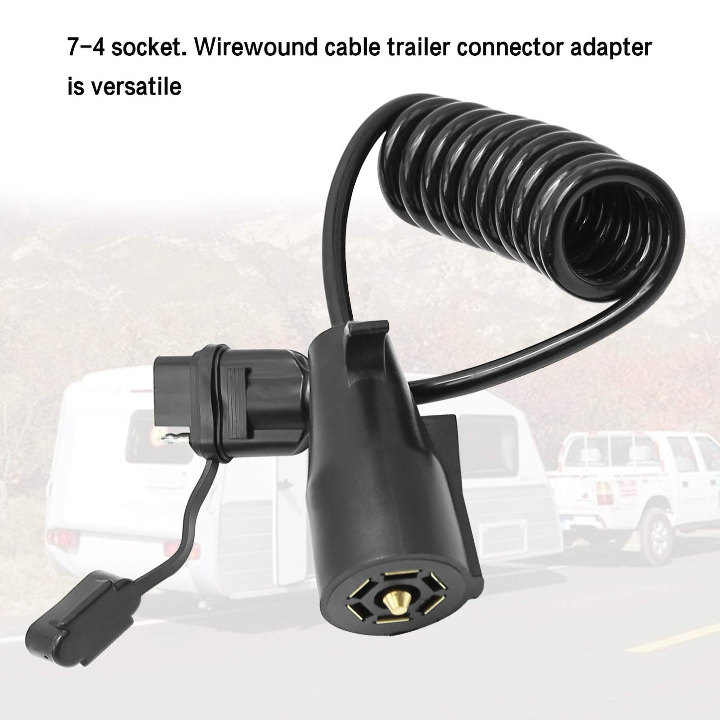 5ft 7 Way Round to 4 Way Pin Flat Trailer Connector Adapter Coiled Wiring Cable, Trailer Wiring Adapter Extension Harness, 7 Pin to 4 Pin Trailer Adapter for Truck RV Trailer
