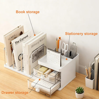 Desk Organiser with File Holder & Drawers, Versatile Desk Tidy Stationery Storage Pen Holder, Large Capacity Desktop Organizer for School Office Home (White)