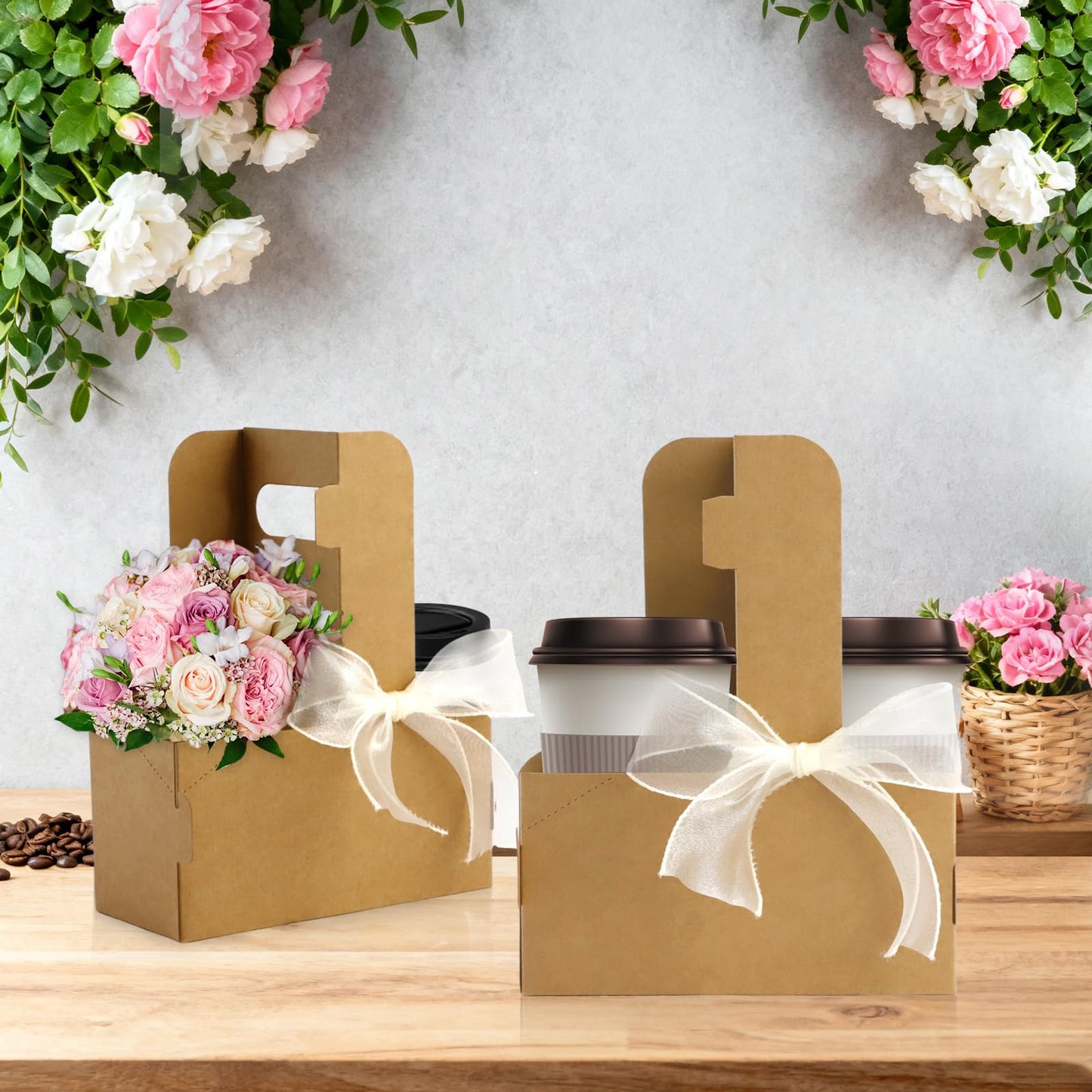 Zoyiancy 30 Pcs Kraft Flower Gift Bags, 2 Cup Drink Carrier with Handle, Floral Wrap Packing Box Paper Holder Basket for Appreciation Gift Birthday Party Favors