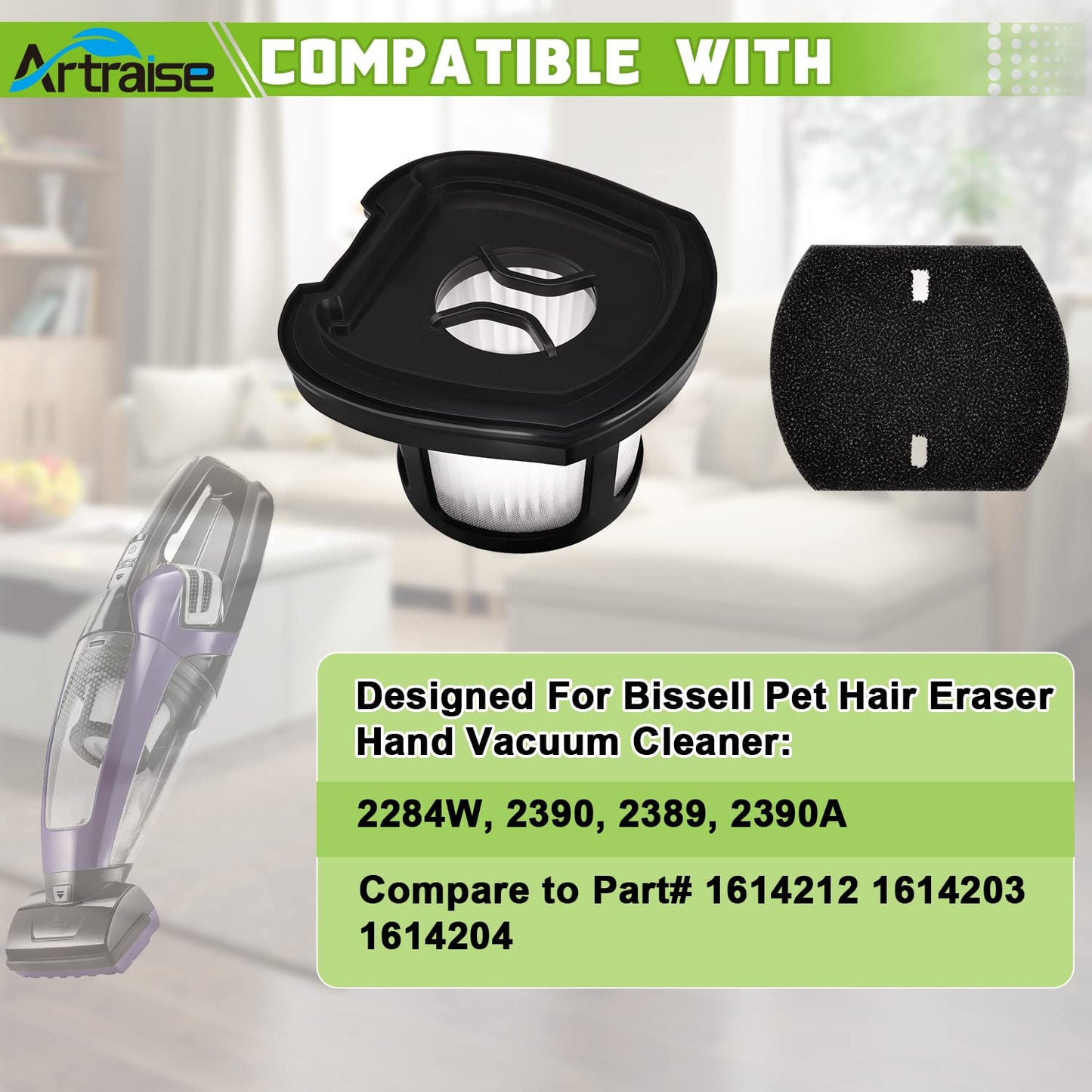 4 Pack 2390A Filter Replacement for Bissell Pet Hair Eraser Filter Hand Model 2390 2389 23903 2284W 2579 Handheld Vacuum, Compare to Parts # 1614212 1614203 1614204, 4 Mesh Filters 8 Foam Filters