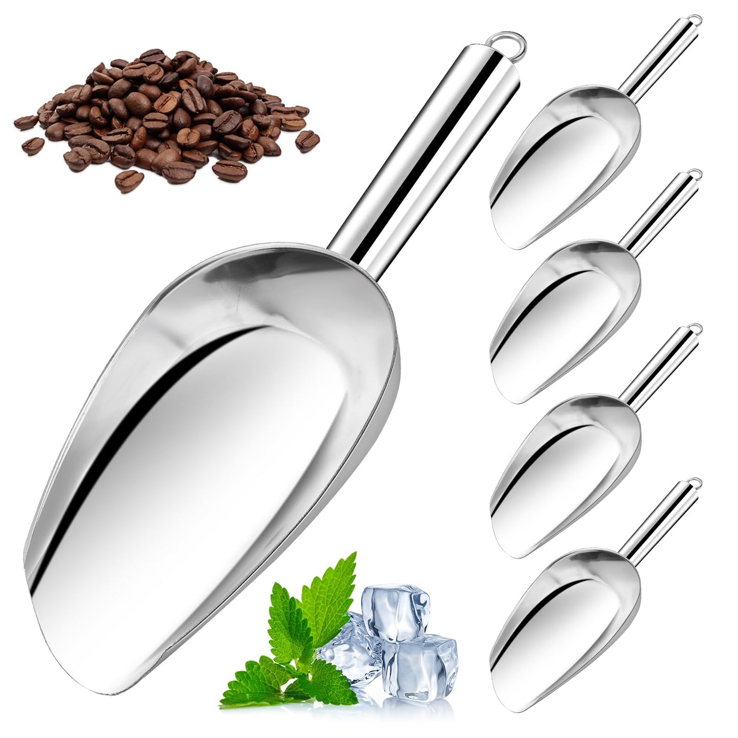 Akamino 8 Ounce Ice Scoop Set of 4, Stainless Steel Food Scoop for Kitchen Bar Party, Mirror Polished Metal Scoop Utility Scooper for Ice Cube,Coffee Bean,Candy, Cereal,Flour,Popcorn-Dishwasher Safe