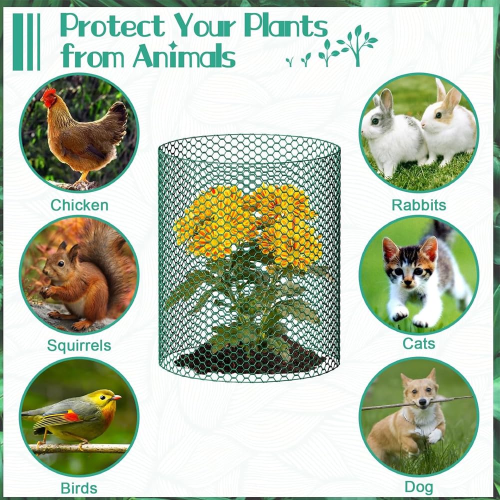 15.7 x 197 Inch Plant Protectors from Animals,Free-Cut Metal Mesh Outdoor Plant Cages,Guards Fence Chicken Wire Cloche with Ground Stakes & Ties to Keeping Rabbits Squirrels Chicken Animals Out