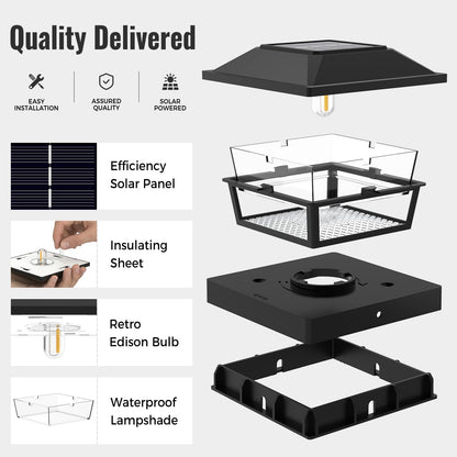 btfarm 2 Pack 4x4 Solar Post Caps Lights, Fence Post Solar Powered Lights with Edison LED Bulbs for Vinyl Wooden Posts, Waterproof Retro Deck Post Light Outdoor for Patio Garden Porch, Warm White