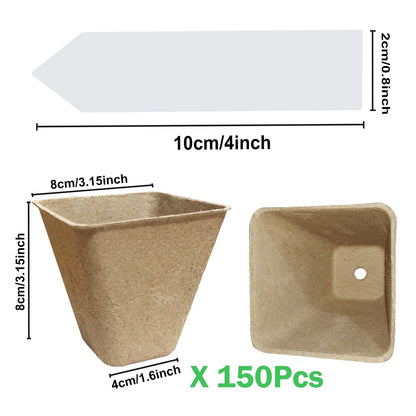 Doubleggs 150 Packs Square Peat Pots, 3.15-Inch Biodegradable Seed Starter Pots for Germination, Nursery Planting Trays with 100 Labels and 2 Transplant Tools