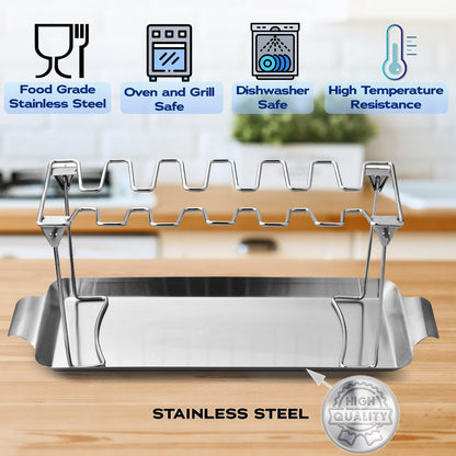 Chicken Leg and Wing Rack for Grill Smoker Oven - Easy to Use 12 Slots Chicken Leg Rack with Drip Tray - High Grade Stainless Steel Chicken Wing Rack Chicken Drumstick Holder for Perfect Cook
