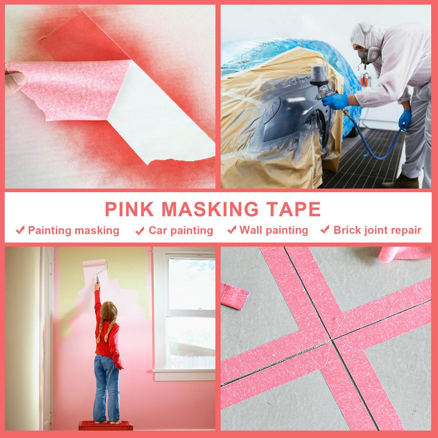 BOMEI PACK 5Rolls Pink Masking Tape 36mm x 55yds, General Purpose Thin Pink Painters Tape for Painting, Labeling, DIY Crafting, Decoration and School Projects, Total 275yds